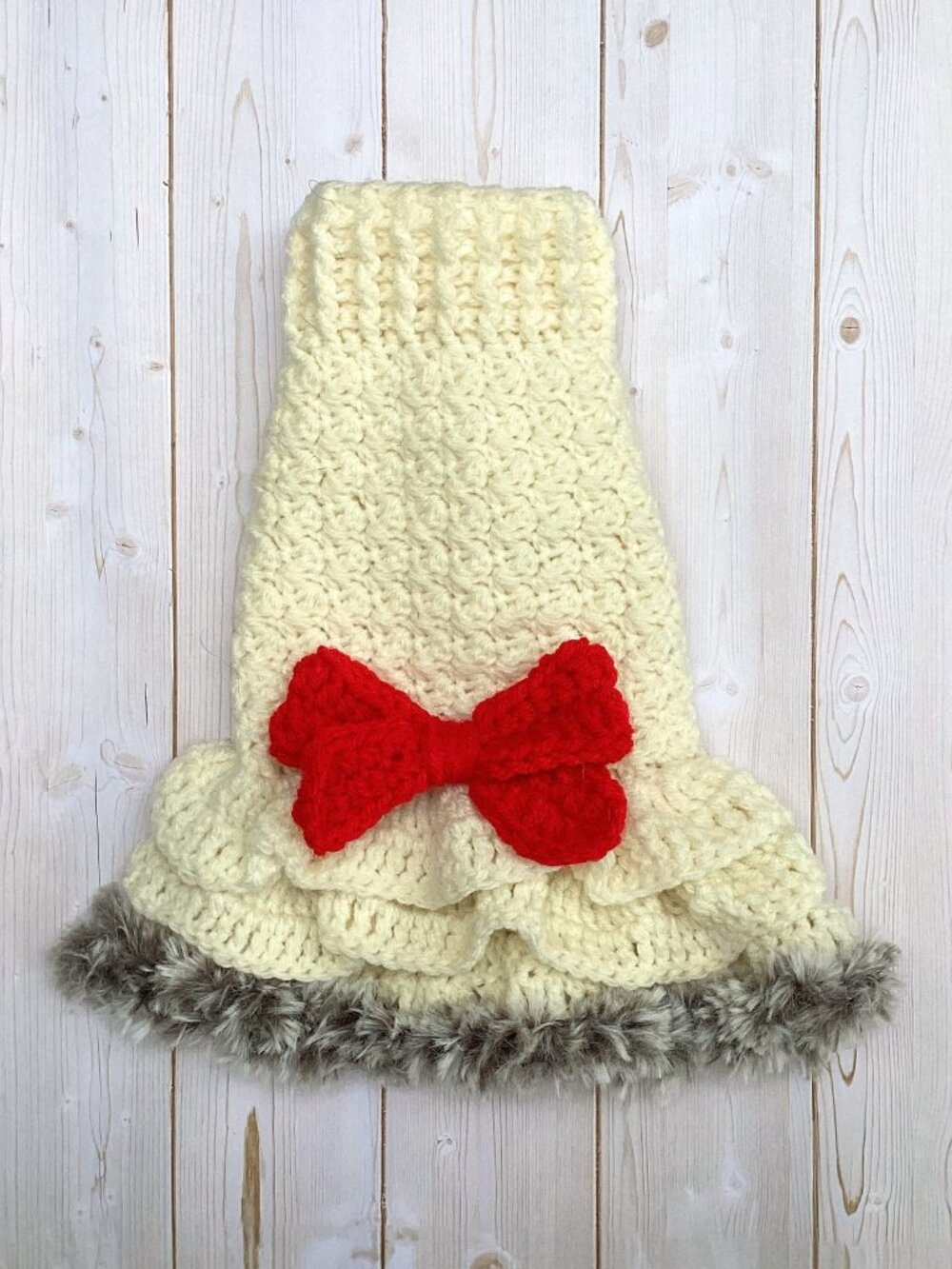 Handmade Crocheted Ruffle Dog Dress with Red Bow (Size Extra Small)